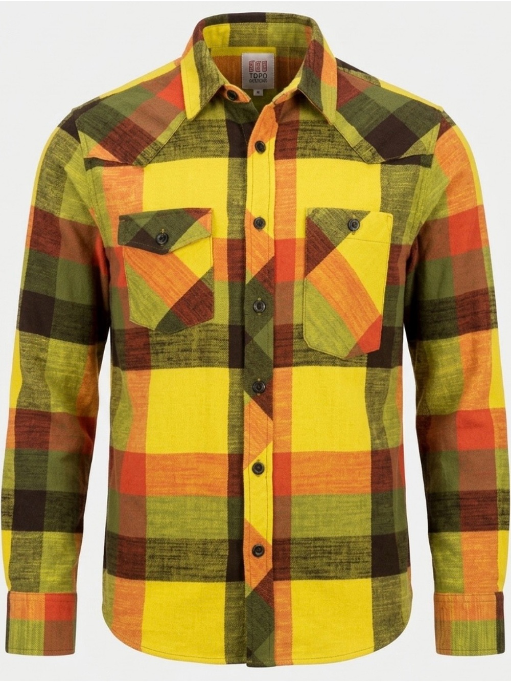 Topo Designs Men's Mountain Flannel Western Shirt Plaid Yellow Green Size M